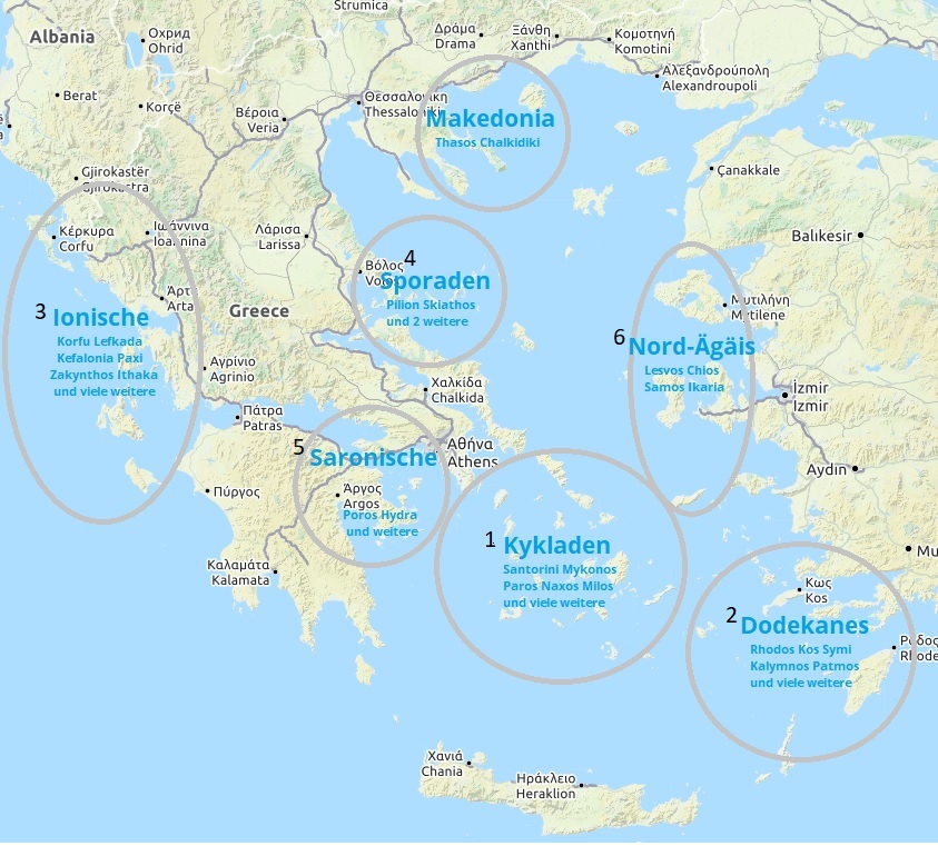 All islandgroups aof Greece for island hopping greece