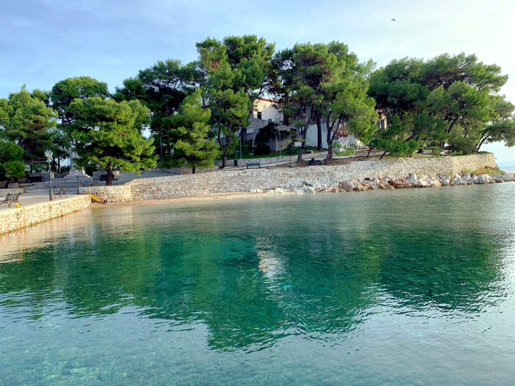 The chapel near Skiathos harbor, Agios Nikolaos, offers stunning views over the town and sea